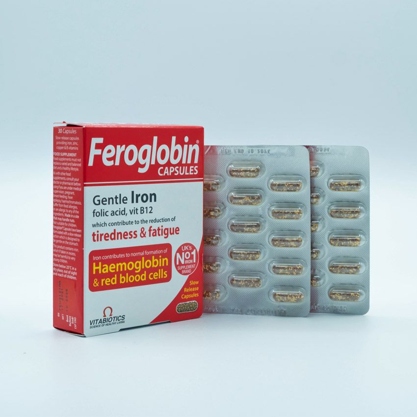 Feroglobin Capsules Gentle Iron, Folic Acid, Vit B12 for Reducing Tiredness & Fatigue  