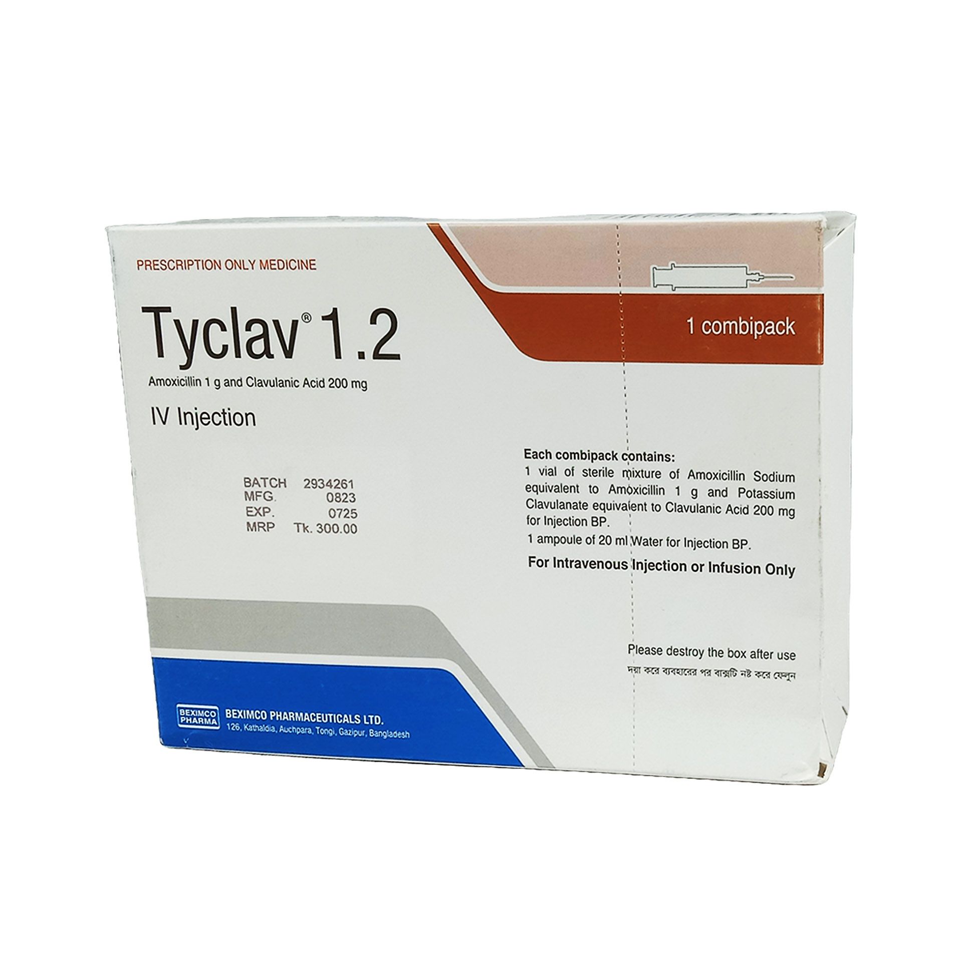 Tyclav 1.2 (1gm+200mg)/20ml Injection