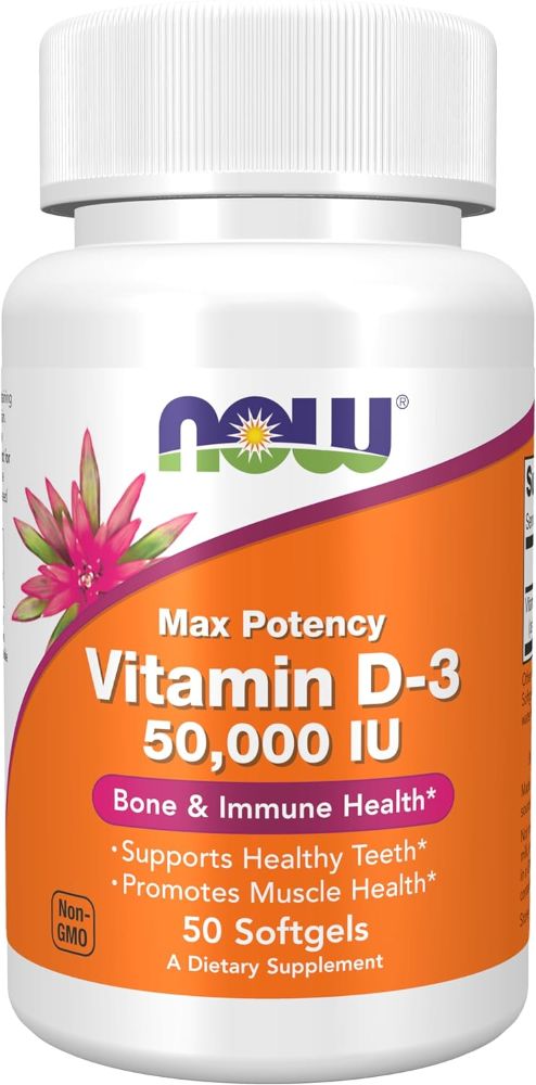NOW Supplements, Vitamin D-3 50,000 IU, Highest Potency, Structural Support*, 50 Softgels 50000IU Capsule